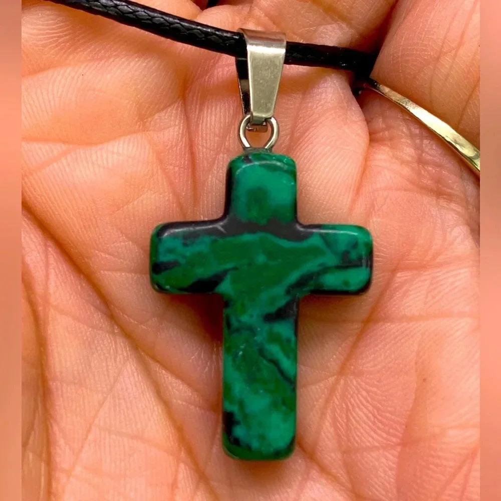 Malachite Cross Natural Braided Stainless Steel Necklace NWT